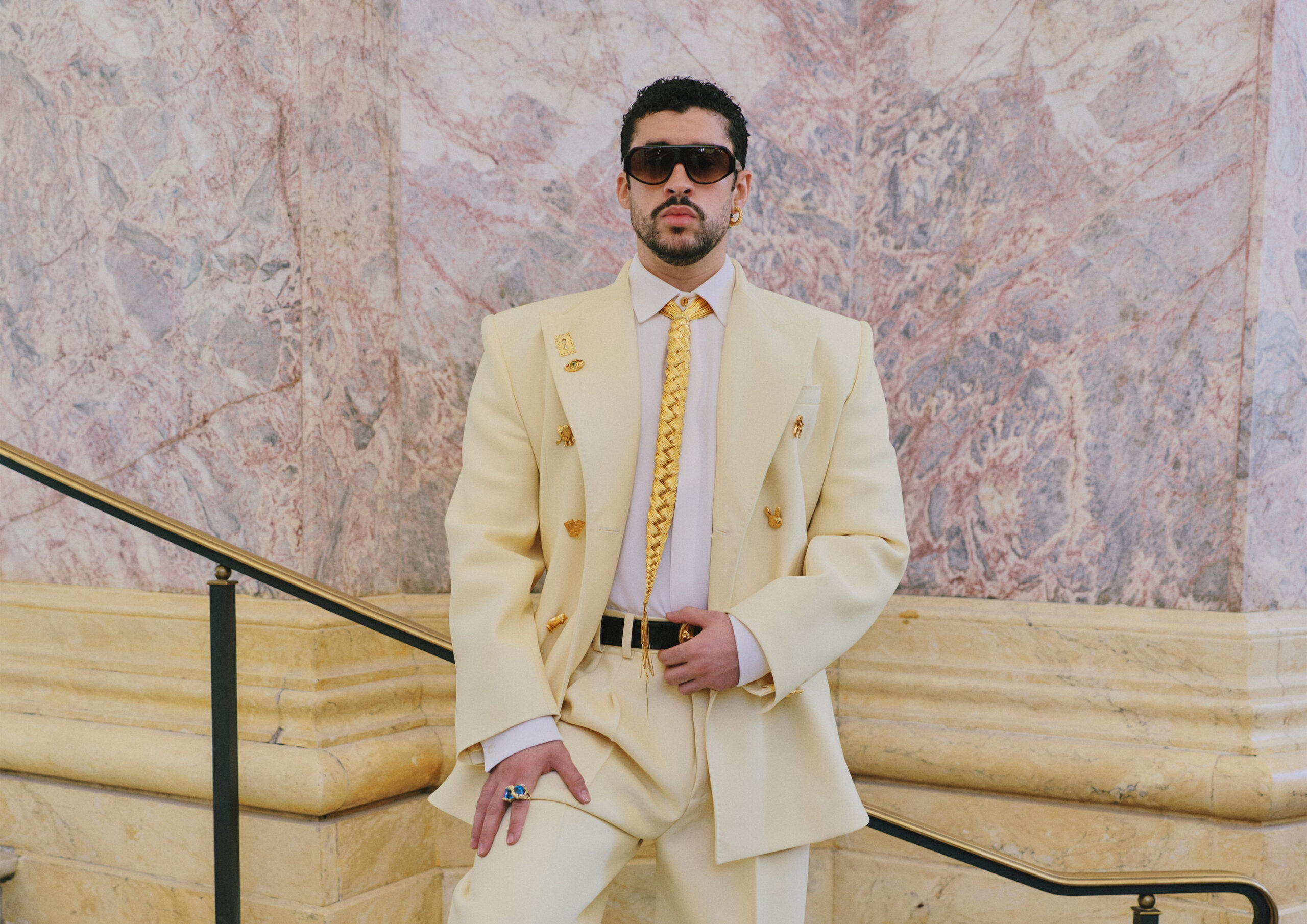 bad bunny dress shirt Bad Bunny Steps out in a Sheer Bikini-Print Top in Monte Carlo